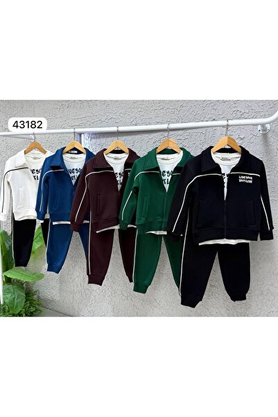 AYKİDSCLUP Erkek Çocuk 3 Parça Şardonlu 3 İplik Eşofman Takımı – Fermuarlı Ceket, Tişört ve Jogger Pantolon 43182-S