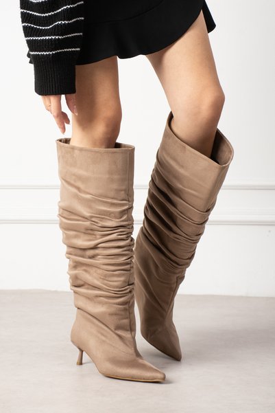 DESPİNA Marco Women's XL Wide Suede Look Drawstring Pointed Toe Short Heeled Boots