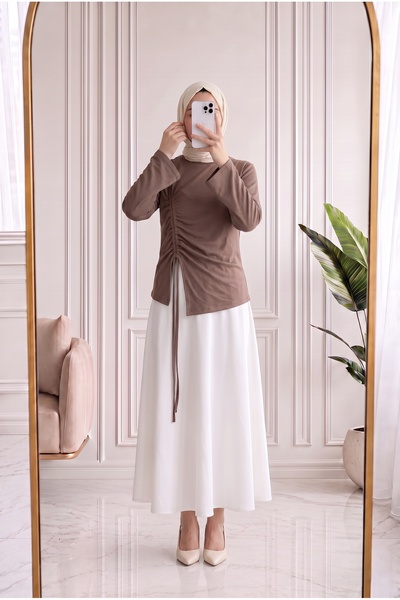 Holehola بلوزة أرمينا بأكمام واسعة ورباطات-SS13231 بني حليبي