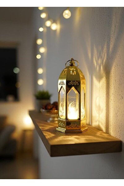 Generic فانوس رمضان ذهبي للزينة، ديكور إسلامي تقليدي لرمضان مع مقبض للتعليق