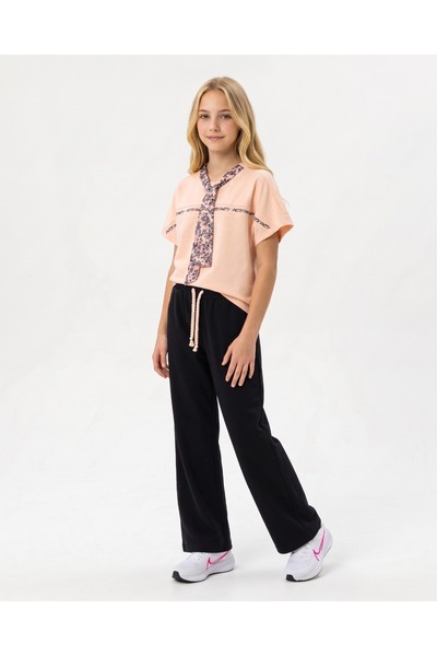 Flamingo Girls' Set Pink Short Top and Black Wide Leg Pants with Drawstring W...