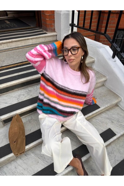 sinem kıvanç BİSİKLET YAKA PEMBE ÇİZGİLİ KAZAK