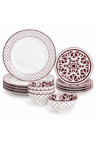 SHALLOW AMALFI 12-Pc Porcelain Dinner Set – Red & White Modern Crockery