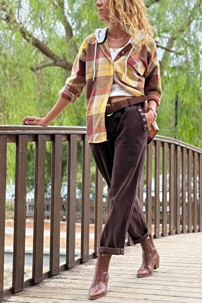 Güneşkızı Italian Brown Pocketed Belted Pipe Leg Corduroy Casual Trousers 100 40
