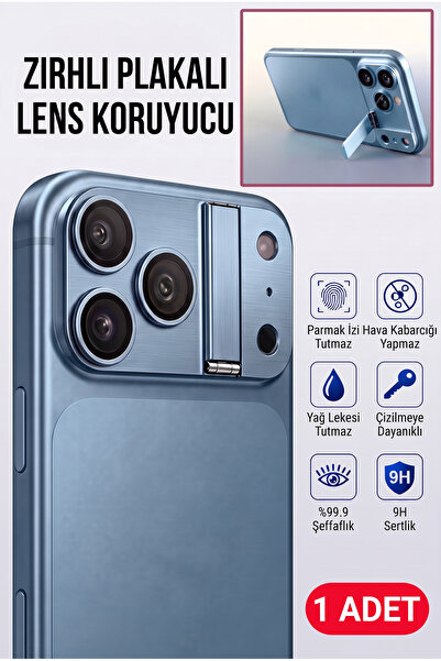 Fibaks iPhone 18 Pro Max Standlı Kamera Lens Koruyucu AR+AF Zırh Plakalı