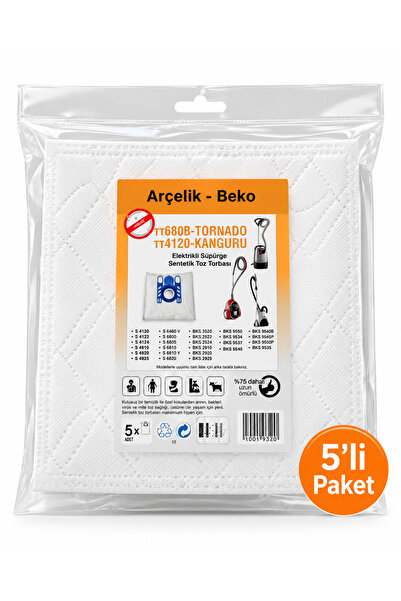 Arçelik Bekø Uyumlu Süpürge Toz Torbası 5 Adet Sentetik – TT680B Tornado TT4120 Kanguru S ve BKS Serisi
