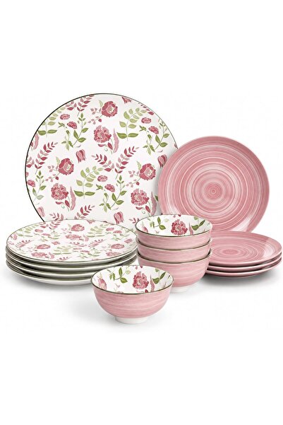 SHALLOW Porcelain ARLO 12-Pc Dinner Set – Elegant Pink, 4 Dinner Plates, 4 Si...