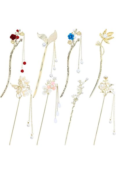 Generic 8 Pieces Retro Vintage Asian Japanese Chinese Hanfu Gold Metal Flower...