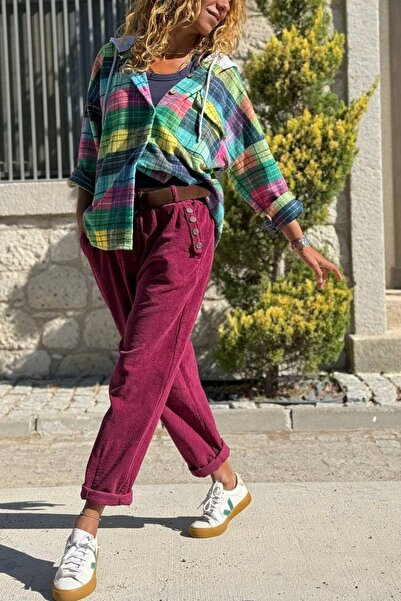 Güneşkızı Italian Plum Color Pocketed Belted Pipe Leg Corduroy Casual Trouser...