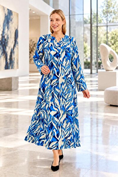 Sedef Moda Evi Plus Size Long Sleeve Blue Navy Patterned Viscose Hijab Mother's Dress