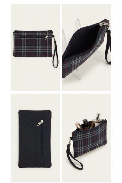 C&On Design Women's Navy Blue Plaid Patterned, Zippered, Multi-Purpose Wallet with Hand Strap, Makeup and Hand Bag