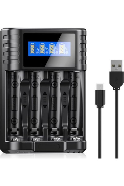 Generic شاحن بطارية، شاحن بطارية بشاشة LCD بأربع فتحات، شحن سريع من نوع Ype-C...