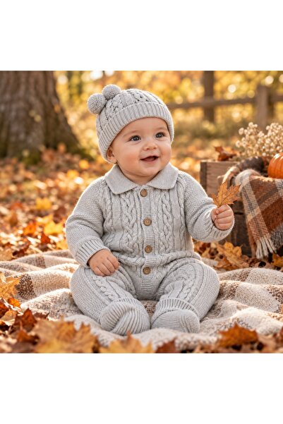 Pure Boutique Salopeta bebe din lana naturala cu caciula asortata, tricotata ...