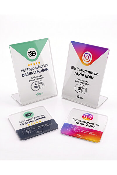 NFC Instagram & Tripadvisor Kartı ve Masaüstü Standı – 4’lü Set