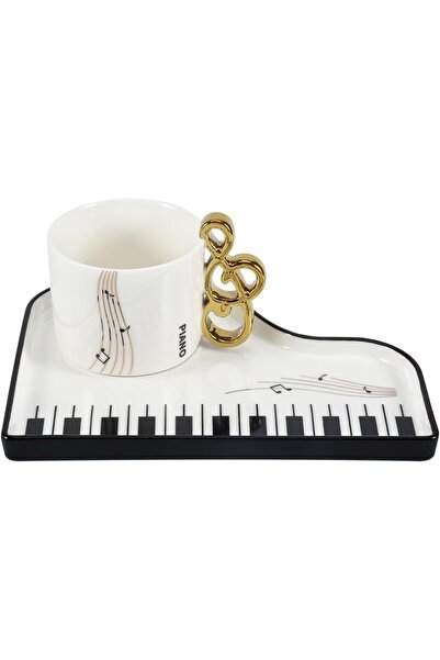 Generic Ceramic Coffee Mug Saucer Set, 6.5 oz/200 ml, Creative Cute Piano Sha...