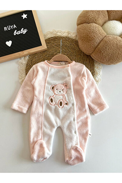 Fiyonlu Ayıcık Nakışlı Peluş Kız Bebek Kadife Tulum-Somon