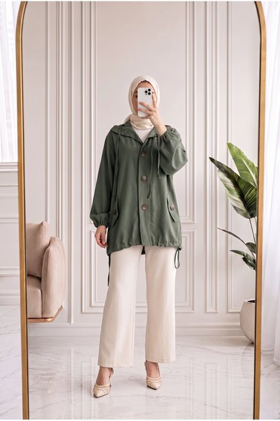 MİHRA STORE Nurbanu Collar and Sleeve Drawstring Pocketed Jacket-Nl1097 Khaki