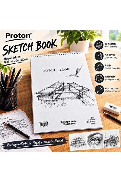Proton Aydınlatra Sketchbook A3 30 Sheets 52 Gr Transparent Drawing Paper Spi...