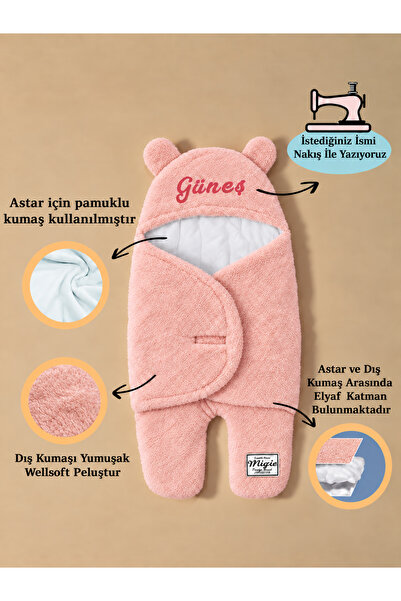 Kişiye Özel İsimli (Nakışlı) 0-4 Ay Bebek Dış Kundak Uyku Tulumu Wellsoft Peluş Pembe