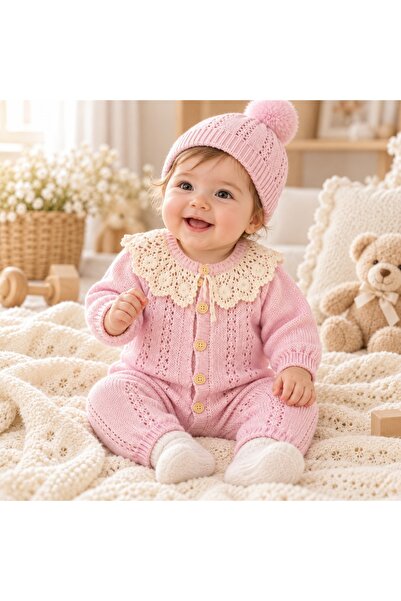 Pure Boutique Pink baby jumpsuit made of natural wool with openwork knit, lac...