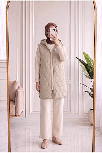 MİHRA STORE Leylanur Hooded Diamond Pattern Long Vest-En2220 Stone