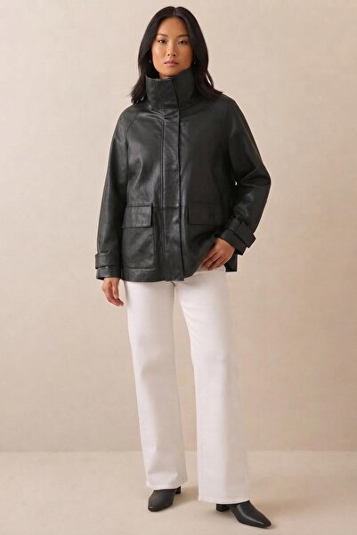 PRİFALDİ Women's Brsk Long Oversize Zippered Black Leather Jacket with Flap P...