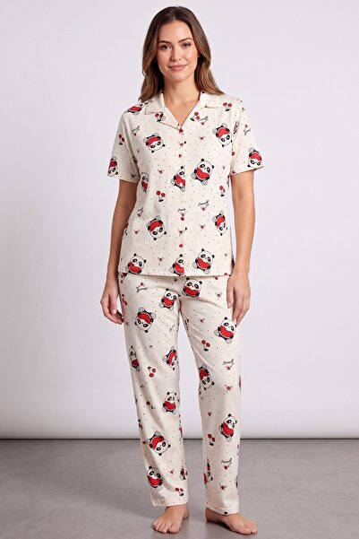 hadiora Women's Teddy Bear Patterned Short Sleeve Buttoned Pajama Set