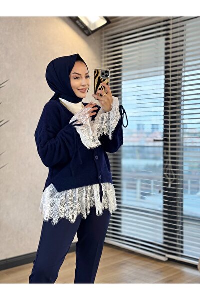 Bisou 5402 Kolları Büzgülü Dantel Detaylı Hırka Lacivert