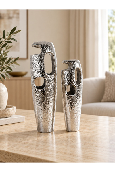 Dekoratif Gümüş Vazo Seti 2'li – Büyük 40 X 15 CM & Küçük 30 X 10 CM Metal Vazo, Salon ve Ev Dekorasyonu