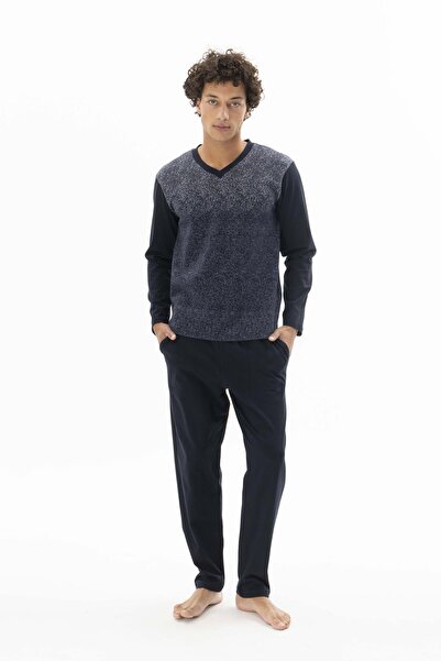 KLY Men's Long Sleeve V-Neck Navy Blue Pajama Set C3T0N662