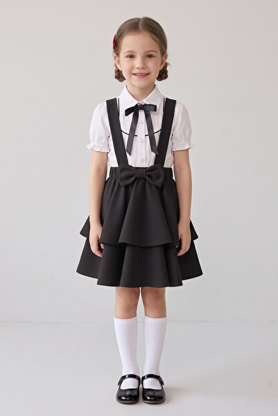 nacar çarşı Girl's Black Bow-Tie Short-Sleeved Shirt with Black Piping Black ...