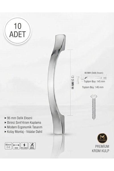 Arion 96 mm Sülün Kulp Mobilya Dolap Çekmece Kulpu Mutfak Banyo Gardırop Kulpu LÜX KROM-GÜMÜŞ-SİYAH