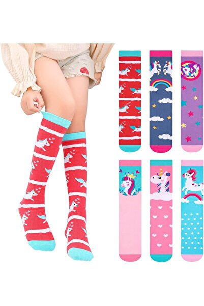 Generic Girls Knee High Socks, 6 Pairs Colorful Cartoon Mid Calf Boot Socks, ...