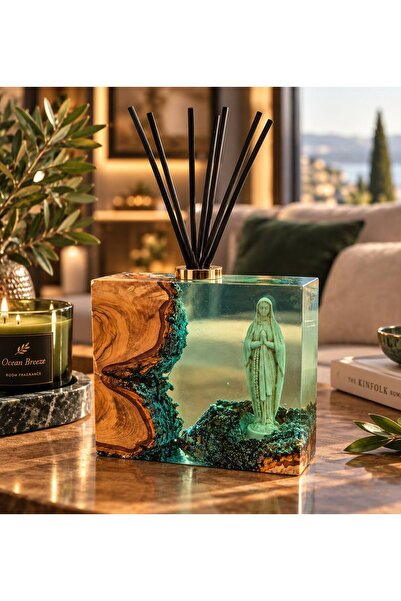 md wood design Gerçek Zeytin Ağacı Epoksi Heykelli Dekoratif Kare | Mum ve Tü...