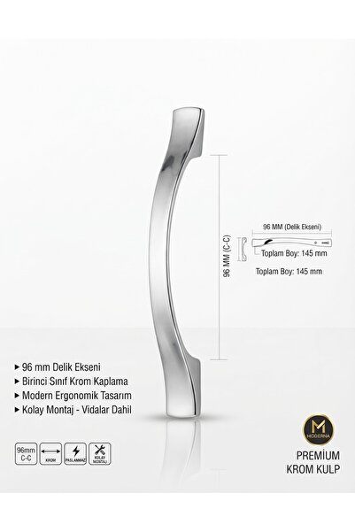 Arion 96 mm Sülün Kulp Mobilya Dolap Çekmece Kulpu Mutfak Banyo Gardırop Kulpu LÜX KROM-GÜMÜŞ-SİYAH