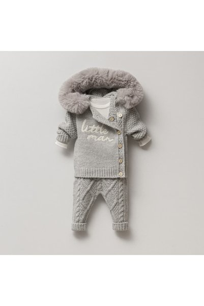 STRAWBABY Fur Hooded Baby Boy Knitwear Set - "Little Man" Embroidered Winter ...