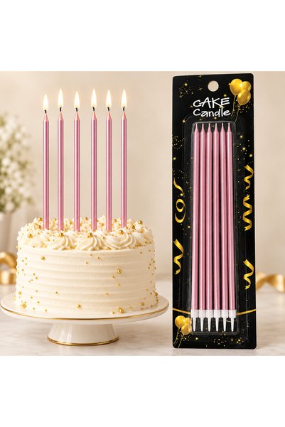 eğlencemarketi 20 cm Uzun Metalik Pembe Pasta Mumu 6’lı – Doğum Günü Pasta Süsü