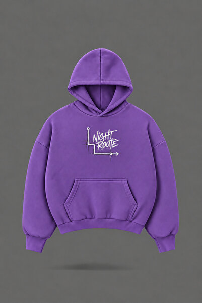 EVIus Oversize Night Route Front and Back Printed Hooded Purple Sweatshirt