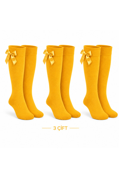Genel Markalar Caglar Socks Kız Çocuk Fiyonklu Diz Altı Çorap 3 Çift Sarı