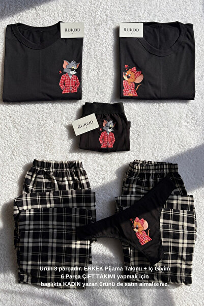 RUKOD ERKEK Tekli Siyah Ekoseli Kedicik & Farecik Pijama ve İç Giyim Takımı (...