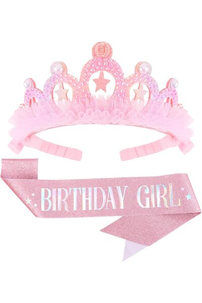 Generic Pink Birthday Crown & Sash Set for Girls – Glitter Princess Tiara wit...