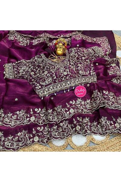 MYSMAR Purple Fendy Satin Designer Party-Wear Saree - KTS9914 | Purple