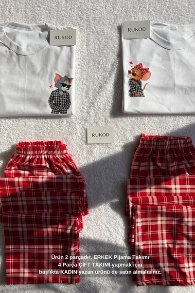 RUKOD Men's Single White Red Plaid Kitten & Mouse Pajama Set (Men's Version o...