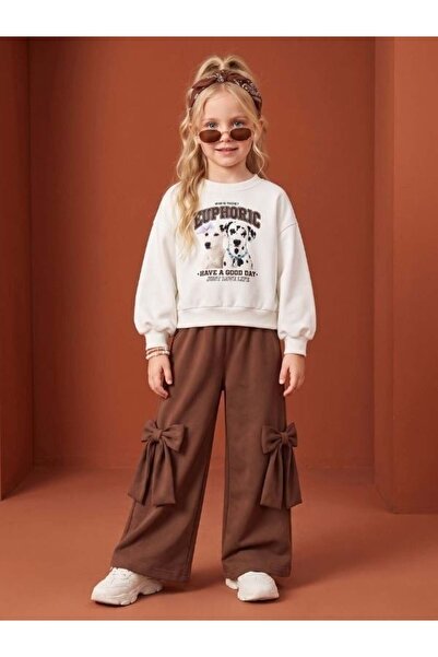Zekids Girl's Dog Printed Sweatshirt and Bow Detail Wide-Leg Sweatpants Set