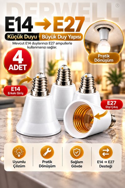 Derwell 4 Adet E14'ten E27'ye Ampul Duy Dönüştürücü Adaptör - Küçük Duyuyu Bü...