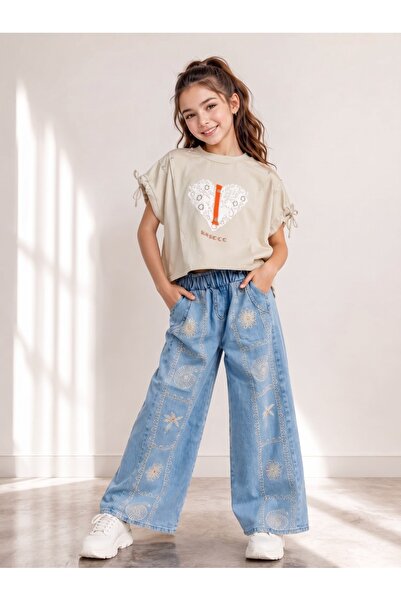 Flamingo Girls' Set of Short Sleeved Floral Embroidered Short Top and Wide Le...