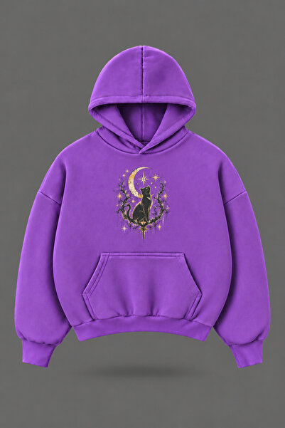EVIus Oversize Moon Cat Front and Back Printed Hooded Purple Sweatshirt