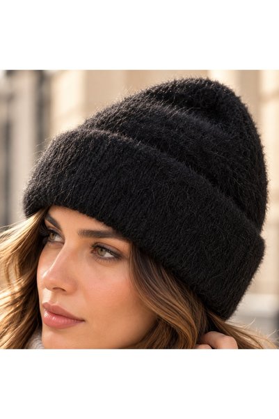 Aquasis Soho |   Women's Black Winter Beanie |   Soft Fuzzy Textured Thick Folded Beanie