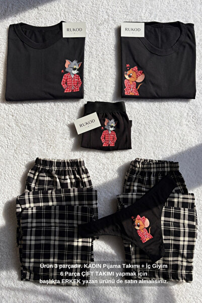 RUKOD KADIN Tekli Siyah Ekoseli Kedicik & Farecik Pijama ve İç Giyim Takımı (...