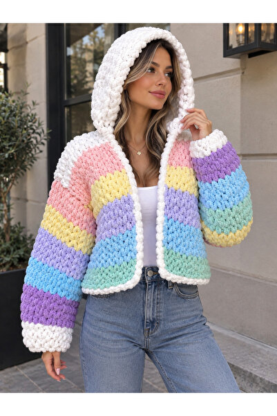 Zuviel Deco Handmade Handmade Pastel Colored Chunky Fleece Hooded Cardigan